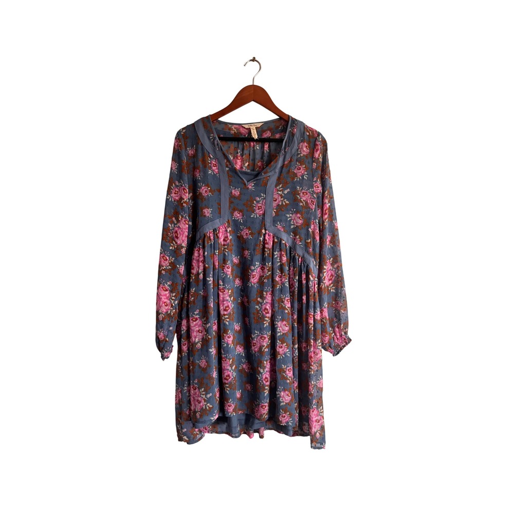 Matilda Jane Womens Blue Pink Floral Rose Swiss Dot Long Sleeve Dress XL